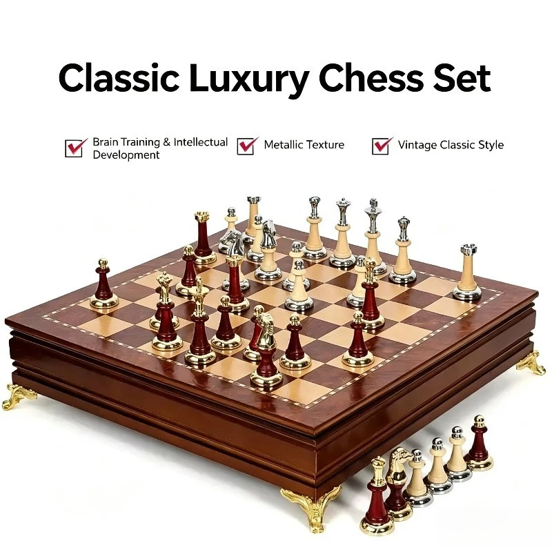 European Luxury High Grade Drawer Type International Chess Solid Wood Chessmen With Inlaid Metal Tabletop Decoration