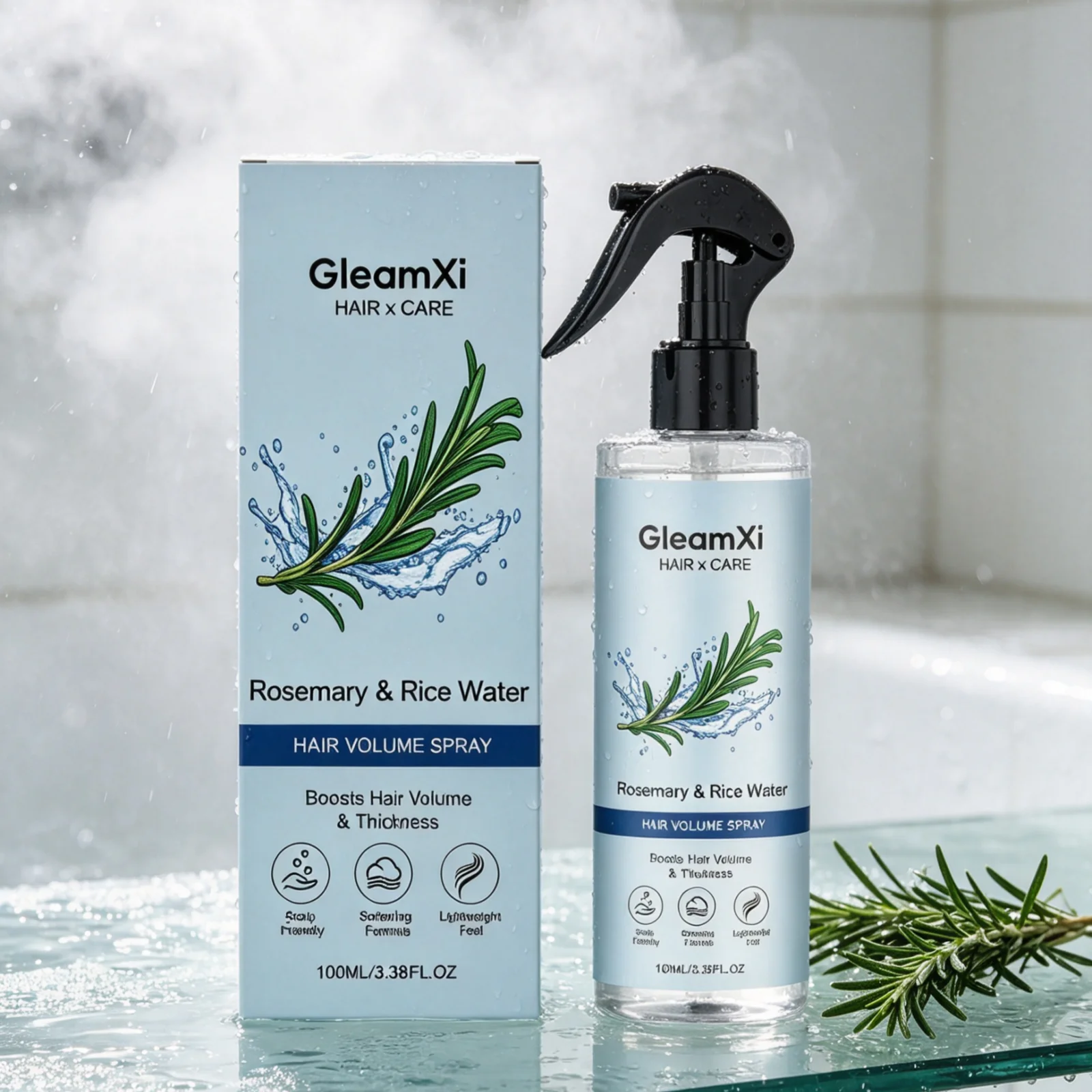 GleamXi Hair Volume Spray Anti Frizz Thickening Fluffy Styling Lightweight Texture Gentle Rosemary Rice Water Hair Spray 100ml