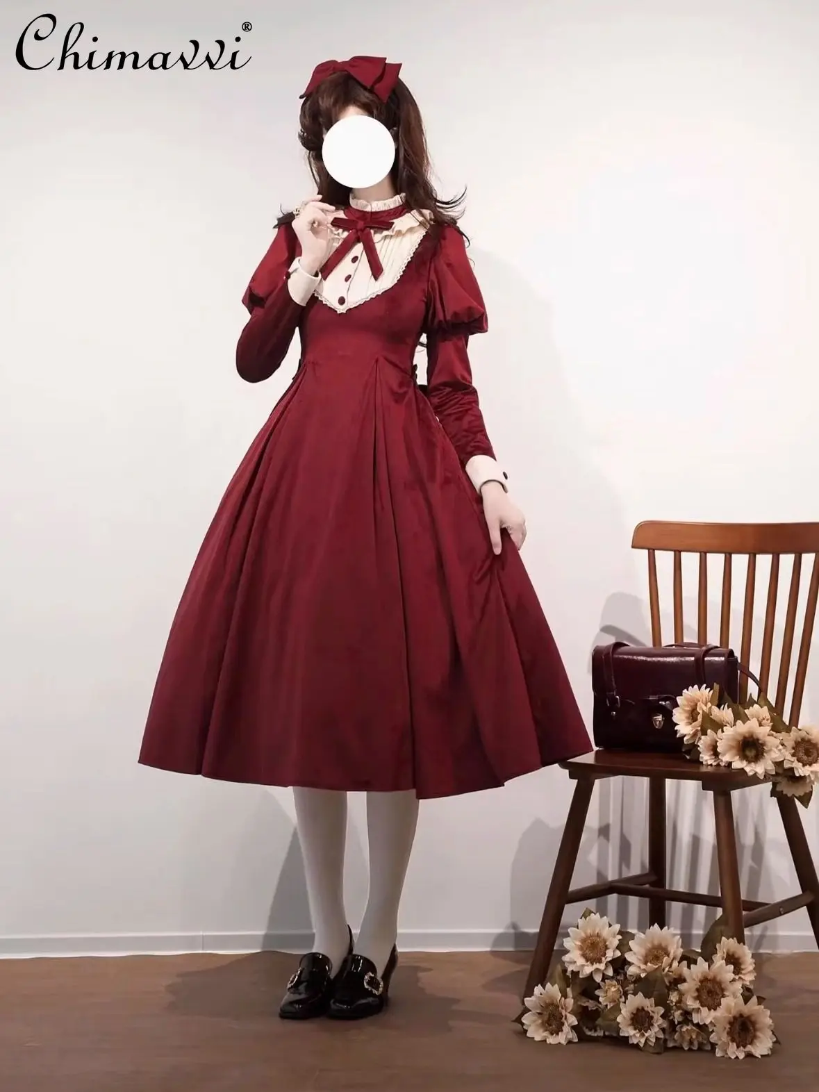 

Длинное платье в стиле Лолита, весна-осень, новое, винтажное, бархатное, винно-красное, с длинным рукавом, больших размеров, с завышенной талией, элегантное, в стиле принцессы