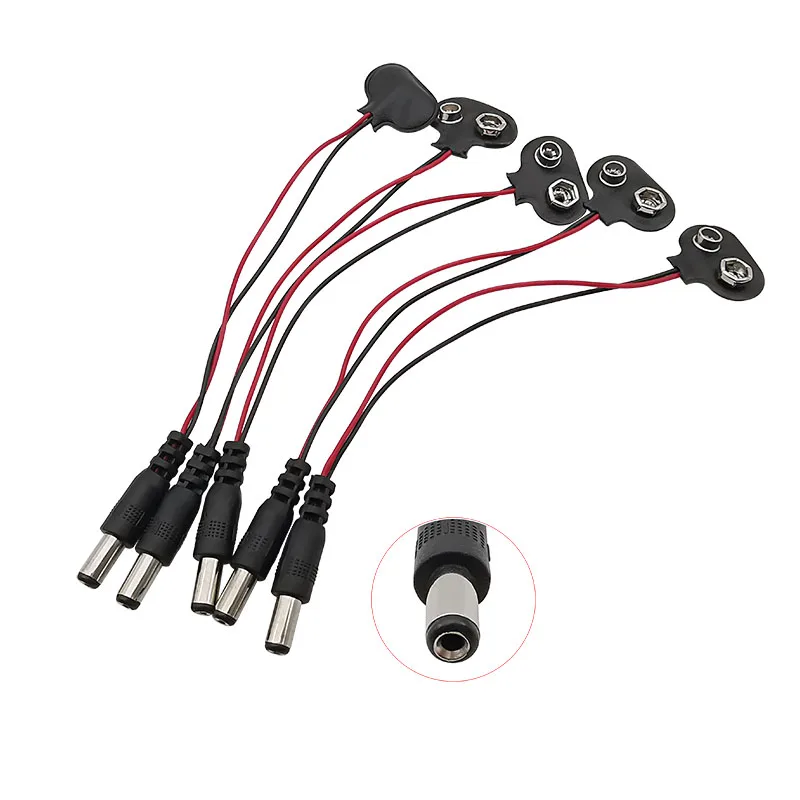 T-type-バッテリークリップ,9 v,5.5x2.1mm,オスプラグ,黒と赤のワイヤー,9ボルトバッテリー,スナップホルダー,ケーブル15cm