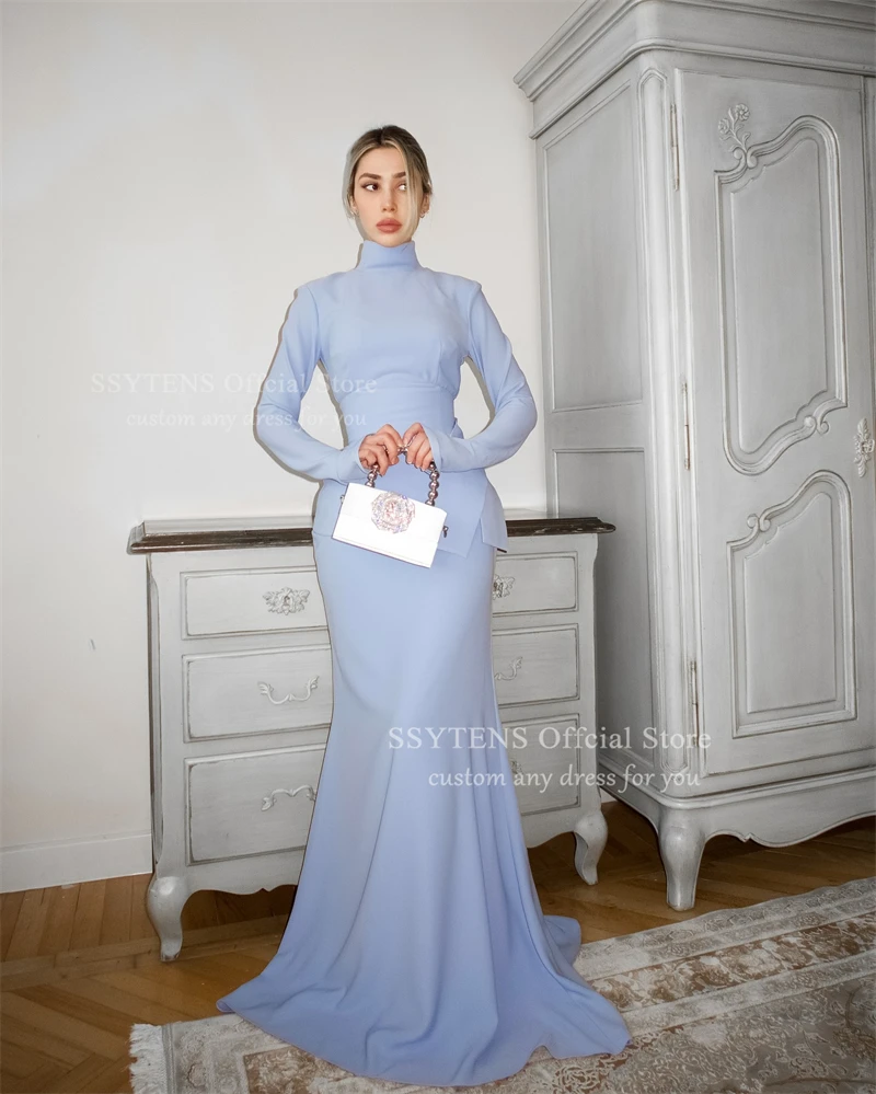 SSYTENS Elegant High Neck Evening Dresses Blue Full Sleeves Wedding Party Dresses Israel Long Mermaid Prom Dresses Customized