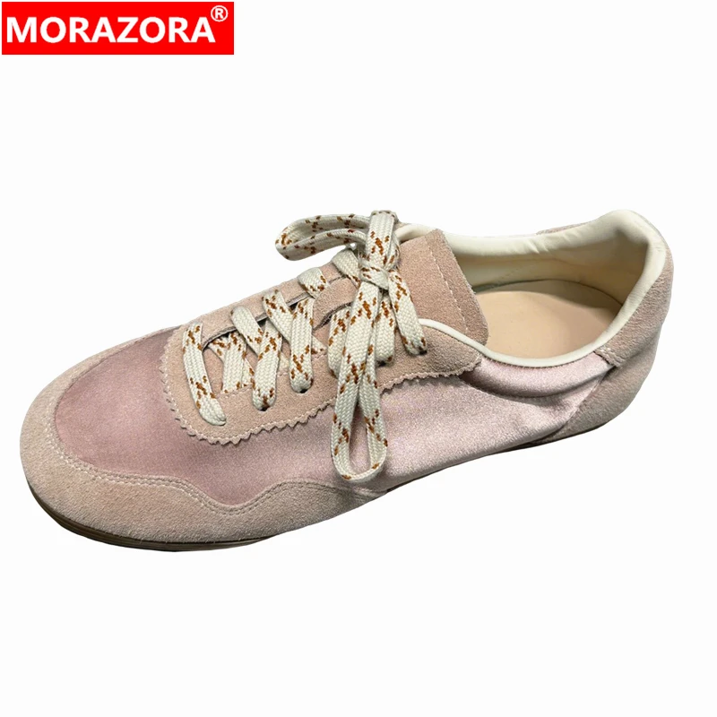 

NORAZORA Ins Hot Cow Suede Leather Casual Sneakers Women Flat Shoes Pink Yellow Purple Flat Sneakers Candy Color Footwear