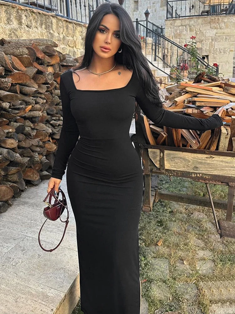 Sexy Black Slim Long Dresses Women Long Sleeve Square Collar Low Cut Package Hip Bodycon Maxi Dress Fashion Party Club Vestidos