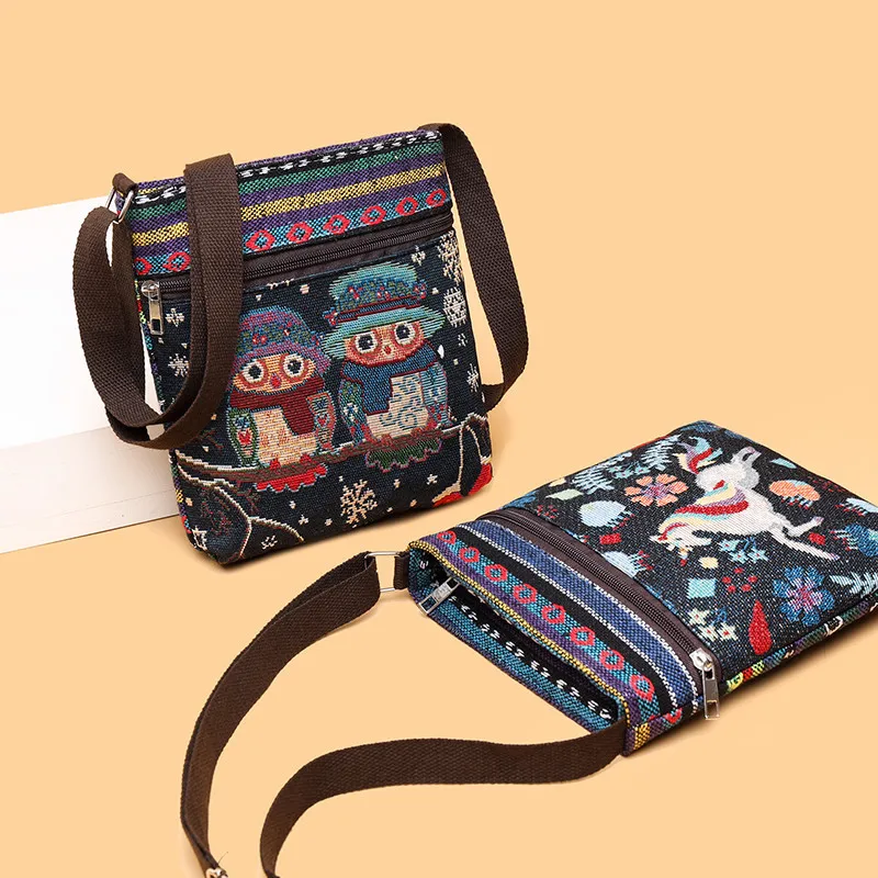 Lady Crossbody Shoulder Bag Phone Purse Handbag Pouch Ethnic Style Embroidered Messenger Bag Retro Small Canvas Bag Bolsa