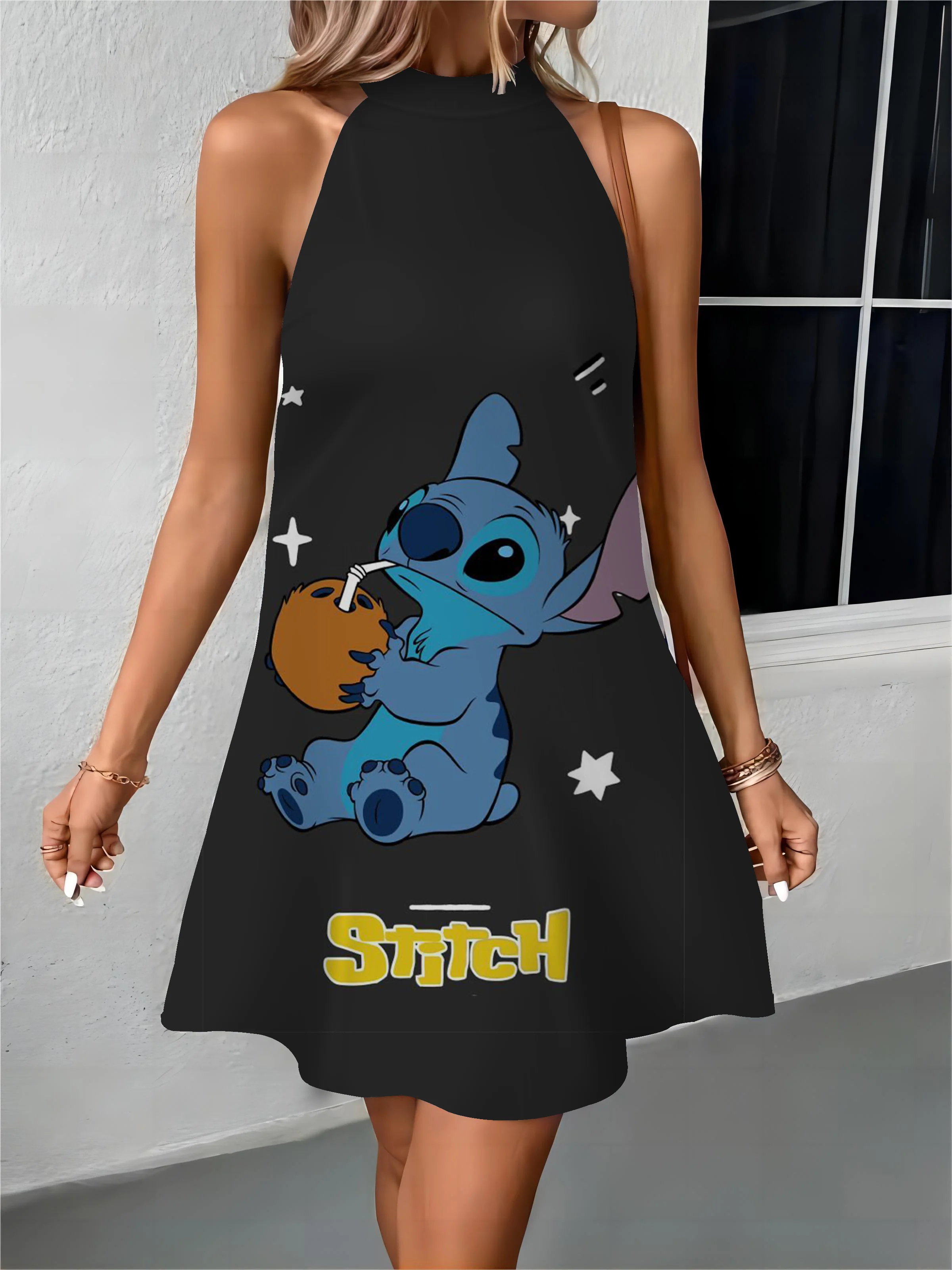 Stitch Elegant Dresses for Women Women's Dress Bow Knot Off Shoulder Disney Apron Womens Fashion Summer 2024 Party Evening Midi