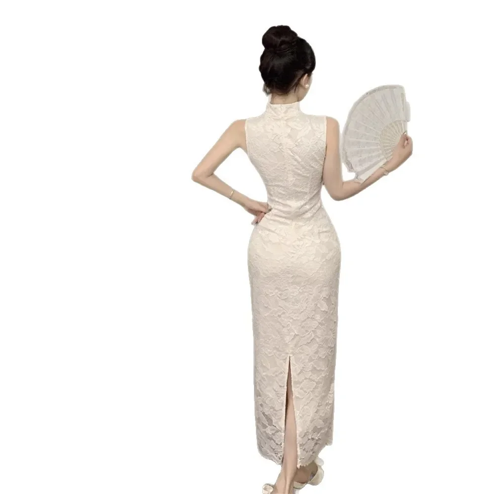 مثير جديد الصينية الرجعية أنيقة تحسين شيونغسام المرأة الصيف جديد الراقية تحسس Bodycon فستان الدانتيل الكاحل طول تنورة