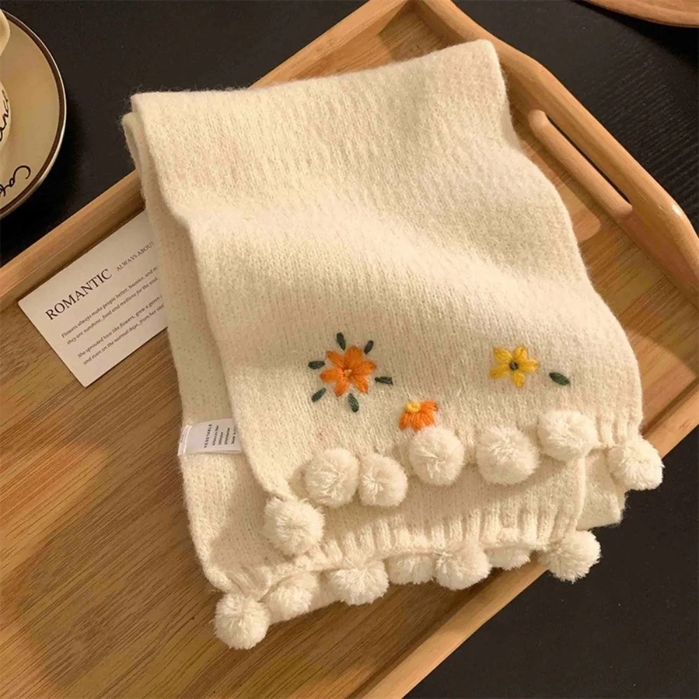 Polyester Floral Embroidered Scarf 180cm x 12cm Decorative Pom Pom Winter Knitted Scarf Cold Proof Korean Style