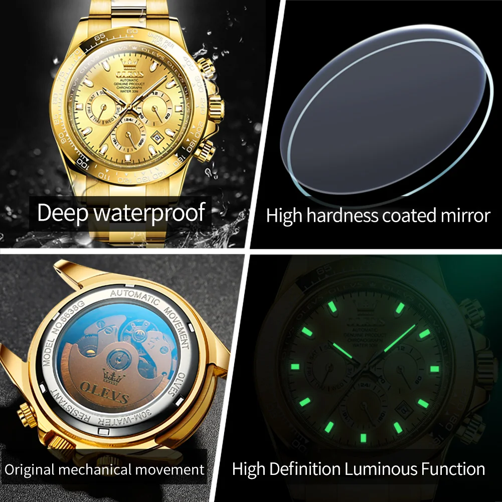 OLEVS Brand Luxury Gold Mechanical Watch for Men Stainless Steel Waterproof Luminous Calendar Multifunction Fashion Mens Watches