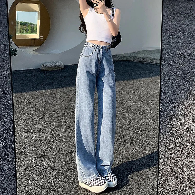 High Waist Wide Leg Jeans Women's Spring Summer Thin Straight Cut Loose Slimming Long Pants Cotton Stretch Denim Light Color