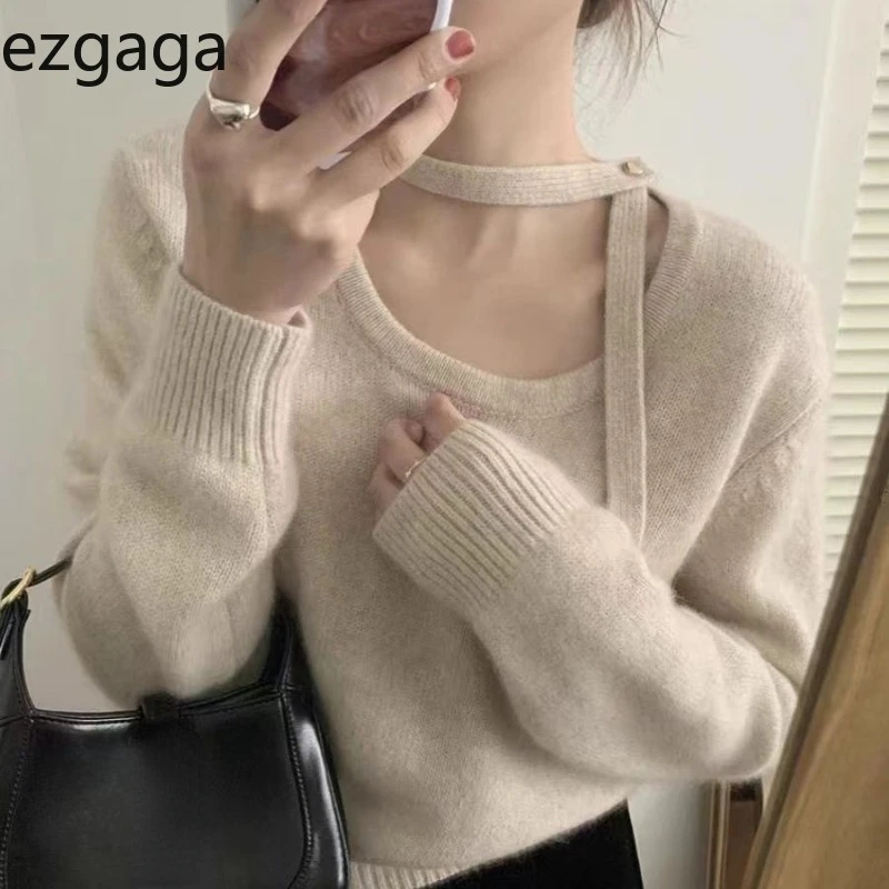 Ezgaga Elegant Knitted Sweater Women Ribbon Long Sleeve Basic Solid Stretch Office Lady 2024 Autumn New Pullover Jumper