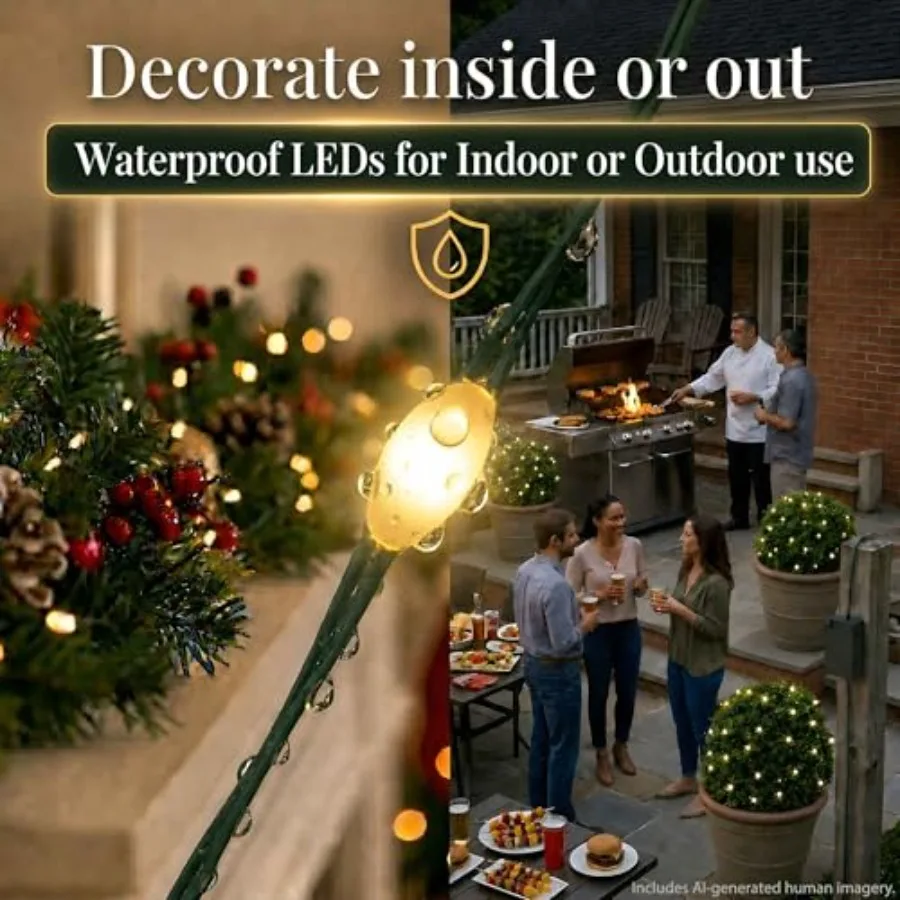 Outdoor Christmas Lights - Fairy Lights Battery Operated with Small Warm White LEDs, Green Wire, Multifunction, 6hr Timer, Indo