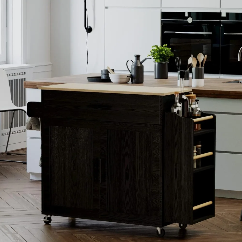 

Kitchen island with storage space, rolling wheels with fallen leaves, open spice rack, cabinet drawers, kitchen cart island