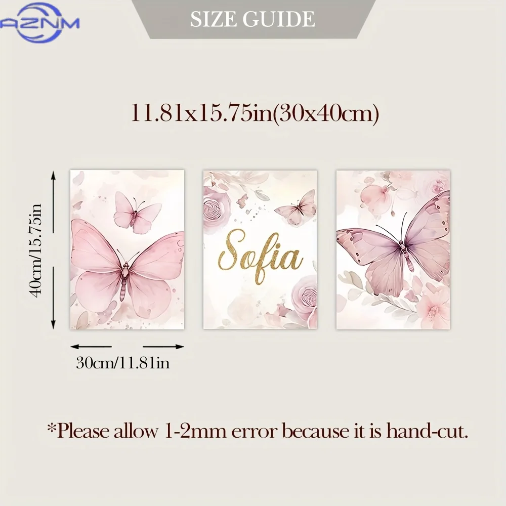 3pcs Name Customized Butterfly Model Wall Art Poster Wall Art Pink And Purple Butterfly Floral Elements Personalized Customize