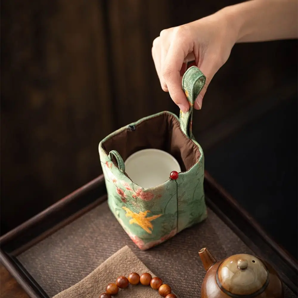 Portable Chinese Style Teacup Storage Bag Embroidered Thickened Teacup Drawstring Cloth Bag Vintage Tea Set Accessories