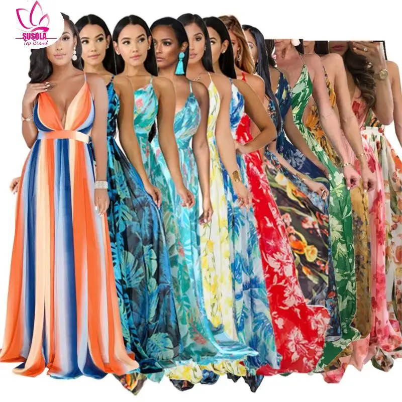 

SUSOLA Women Dresses Summer Sexy Maxi Boho Style Print Party Dress Deep V Neck Backless Long Dress Vestidos