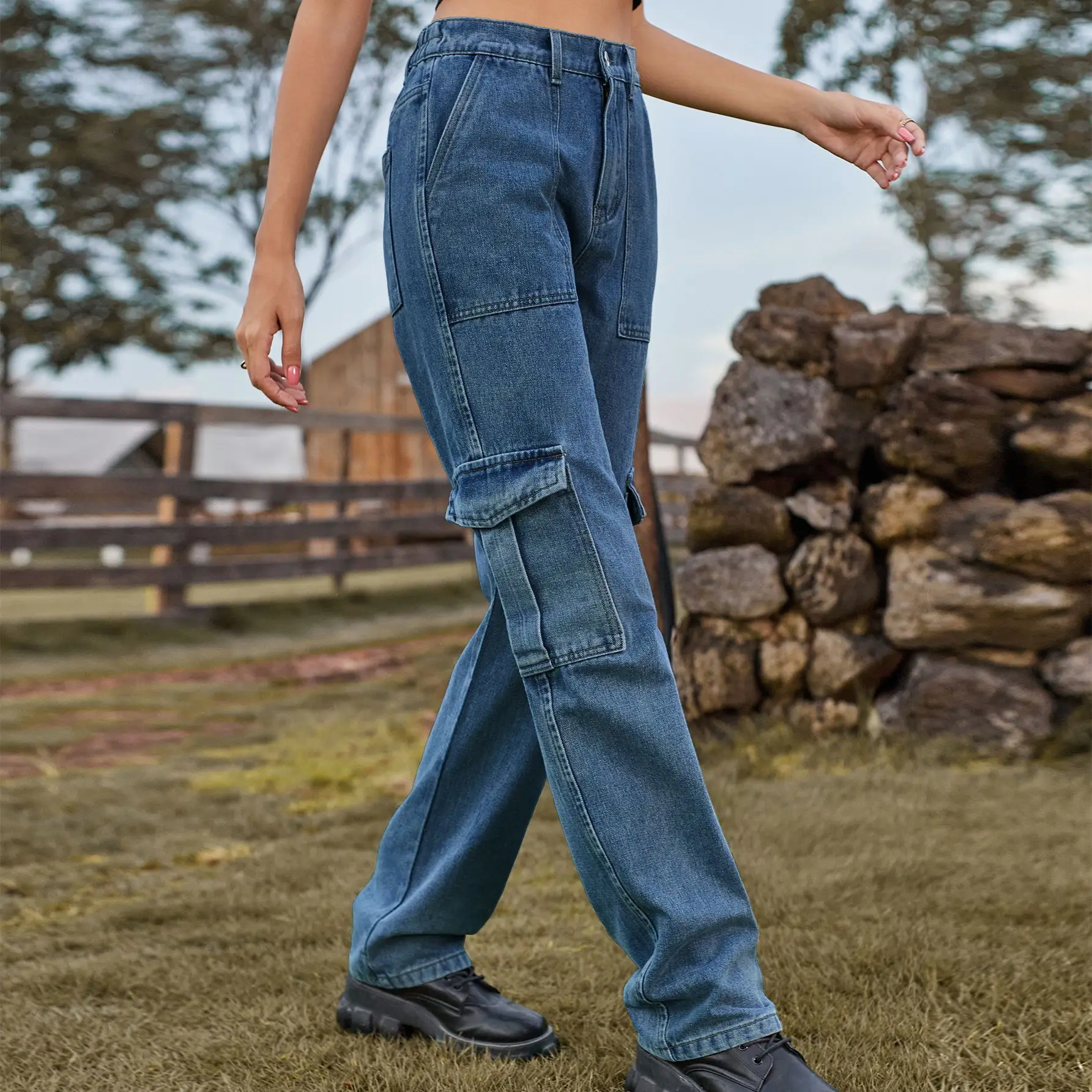 American Retro Washed Straight-leg Jeans. Women's Four Seasons Fashion Semi-elastic Waist Design Personality Casual Cargo Jeans