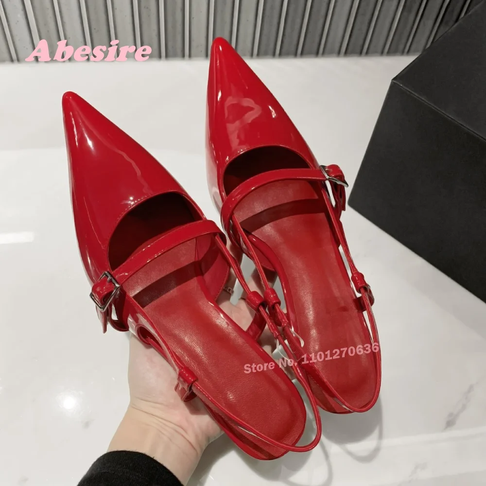 

Red Glossy Slingback Pumps Pointed Toe Patent Leather Buckle Strap Kitten Heels Women's Sandals Summer Elegant Party Shoes Sexy