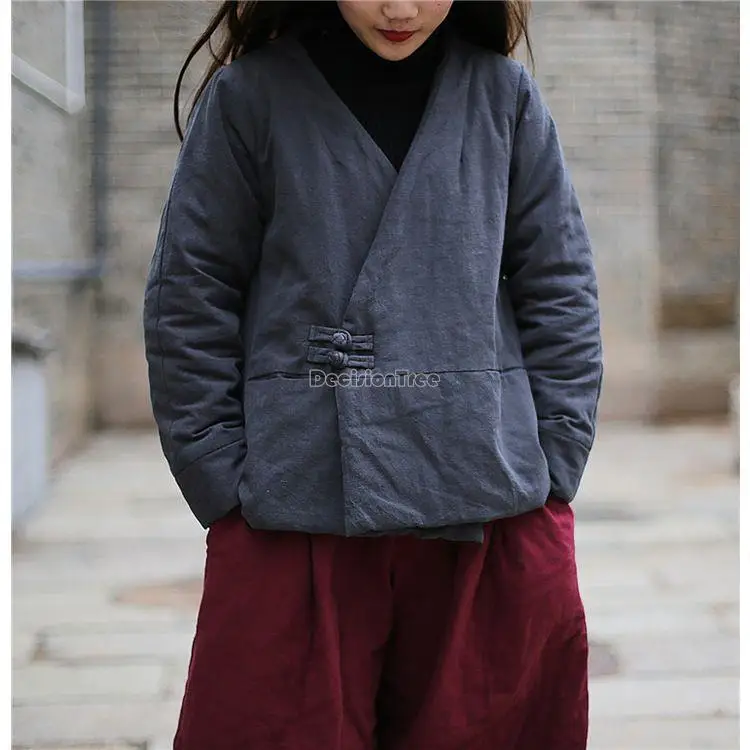 2023 autumn and winter new thick plate buckle chinese style zen tea jacket clip cotton-padded jacket short loose coat women s930