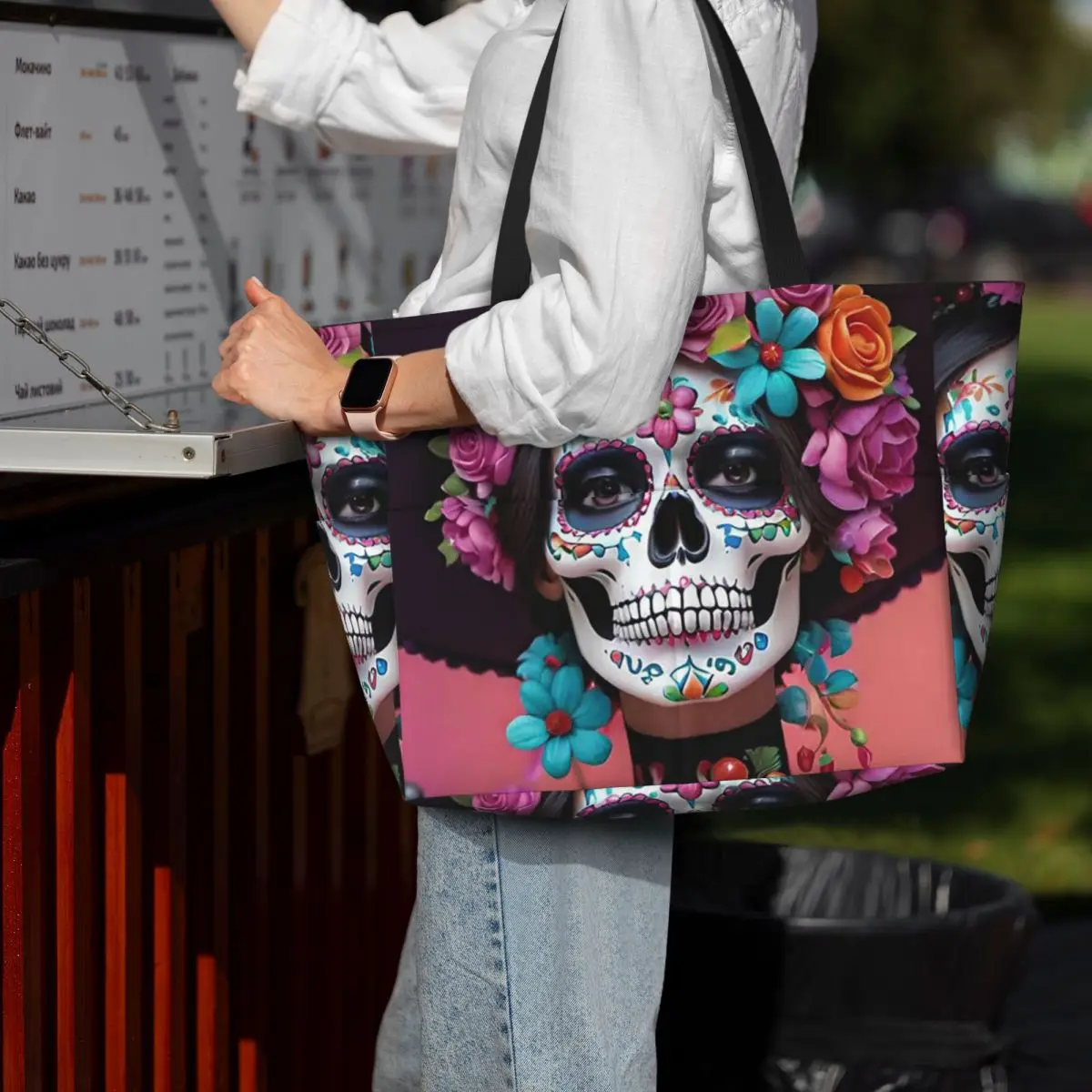 

Day Of The Dead Sugar Skull Mexican Girl Beach Tote Bag Sport Gym Yoga Duffle Large Tote Bag Women Travel Bag Fitness bag