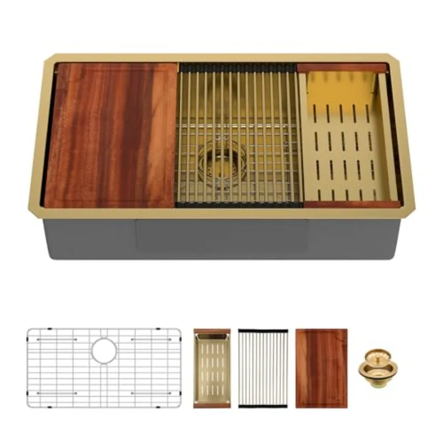 

33 Золотая кухонная мойка — 33 x 19-дюймовая кухонная мойка под креплением, рабочая станция, золотая раковина, одна чаша, 16 калибра, нержавеющая сталь U