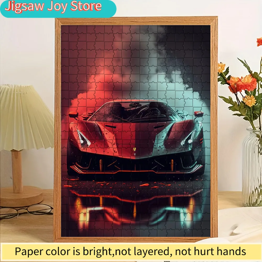 

Бумажный пазл-головоломка: высококачественный художественный принт с красным и бирюзовым суперкаром, динамичный двухцветный спортивный автомобиль с дымом и отражением, декор для стен