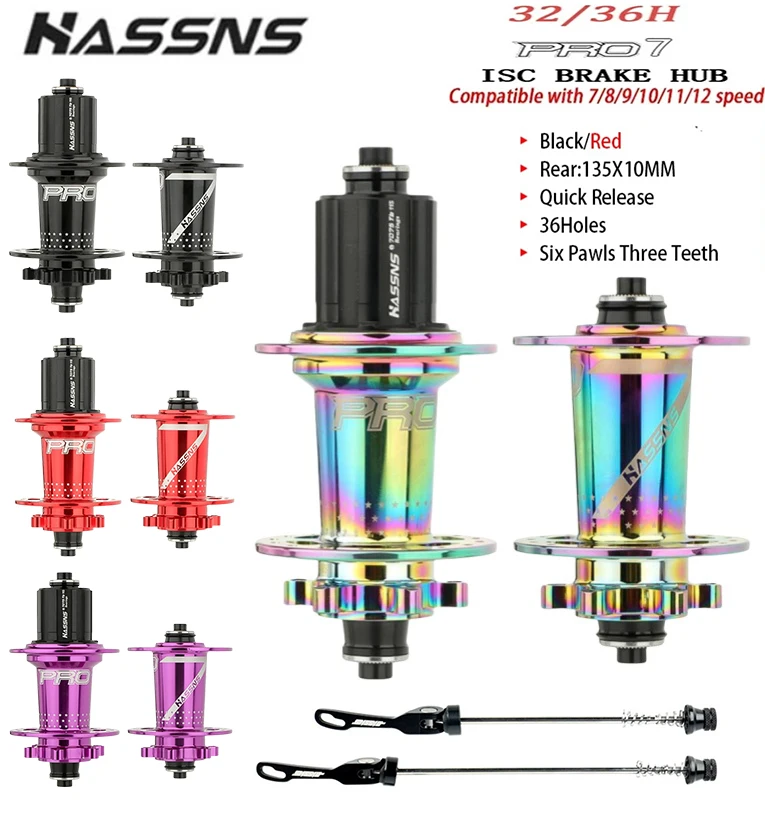 HASSNS Pro 7 36h Rear Hub Bearing 36Holes Freehub MTB Bike Four Palin 32H Rear Hub for 7-12 Speed Noisy Cube Bicycle 6 Pawl Hubs