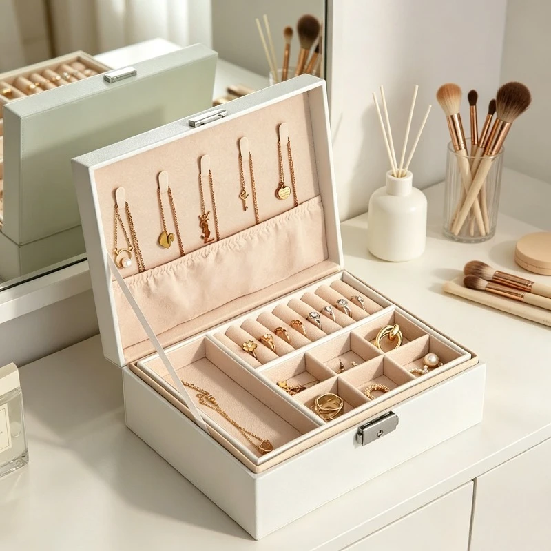 Double Layer Leather Jewelry Box, Large Capacity Organizer for Earrings Rings Necklaces Bracelets with Lock