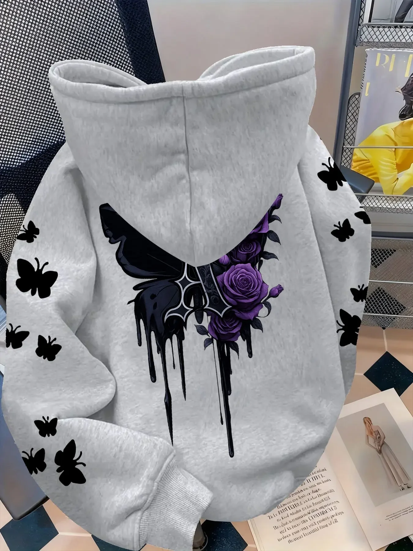 Herren Gothic Hoodie Lila Rose Schwarzer Schmetterling Drip Ästhetischer Grafikdruck Locker Sitzender Vintage Streetwear Pullover Sweatshirt – Detail 9