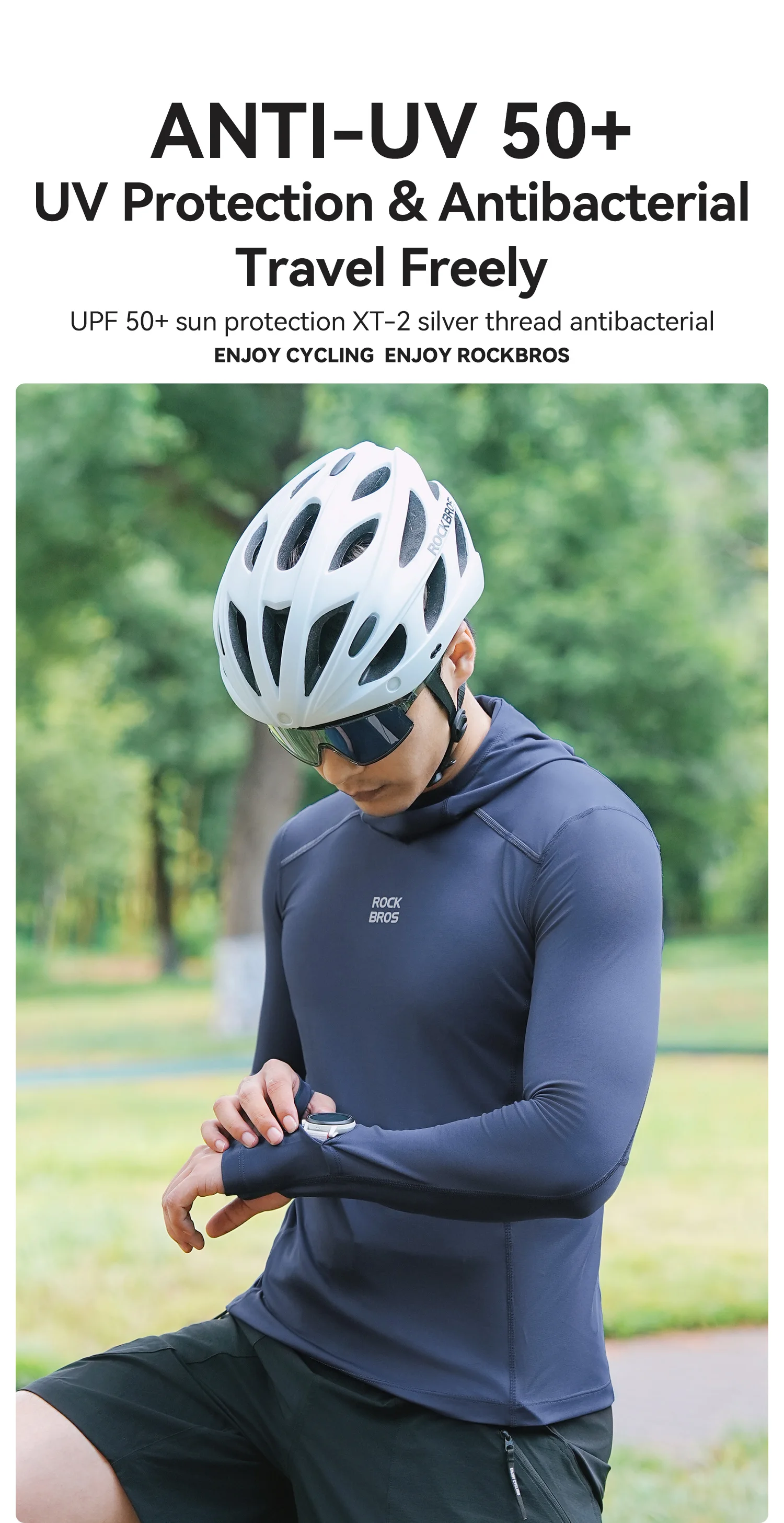 ROCKBROS Kapuzen-Sweatshirt mit langen Ärmeln, atmungsaktiv, sonnenschützend, für Fitnessstudio und Sport, aus umweltfreundlichem Stoff, schnelltrocknend, Fahrradbekleidung. – Detail 1
