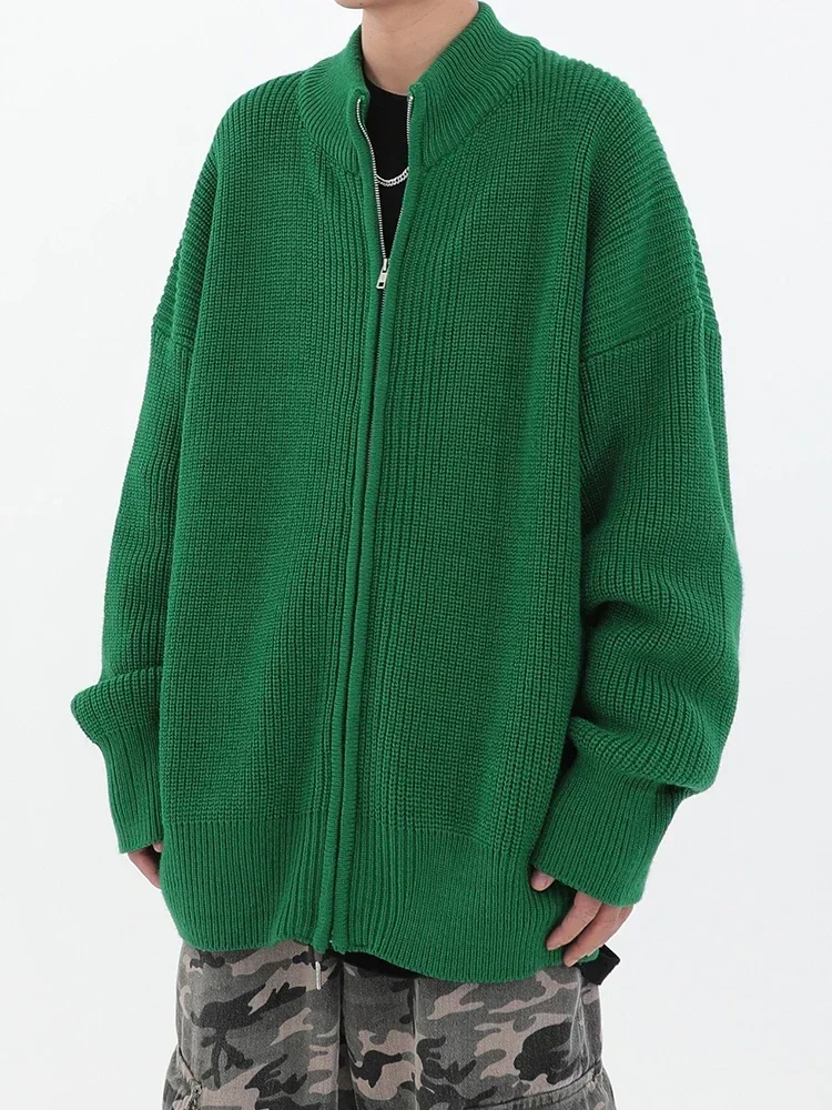 

American High Street Loose Green Fashionable Zipper Stand Neck Coat for Men's 2023 New Spring Knitted Sweater Cardigan Ins