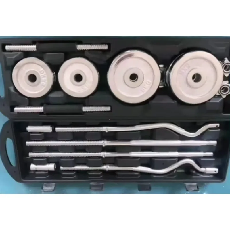 55kg Cast Iron Chrome EZ Curl Barbell Set Adjustable Weight Plate Fitness Equipment
