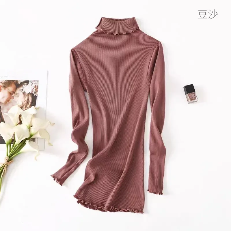 Mulberry Silk Cotton Base Sweater High Elastic Slim Threaded Seamless Long-sleeved Knit Top Turtleneck 70% Silk 30% Cotton