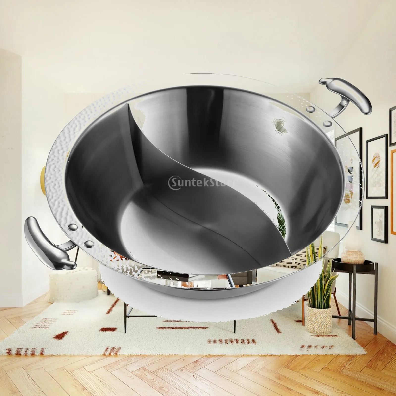 Dual Compartment Cookware Two Section Hot Pot 304 Stainless Steel Hammered Rim Soup Stockpot for Family Shared Meals