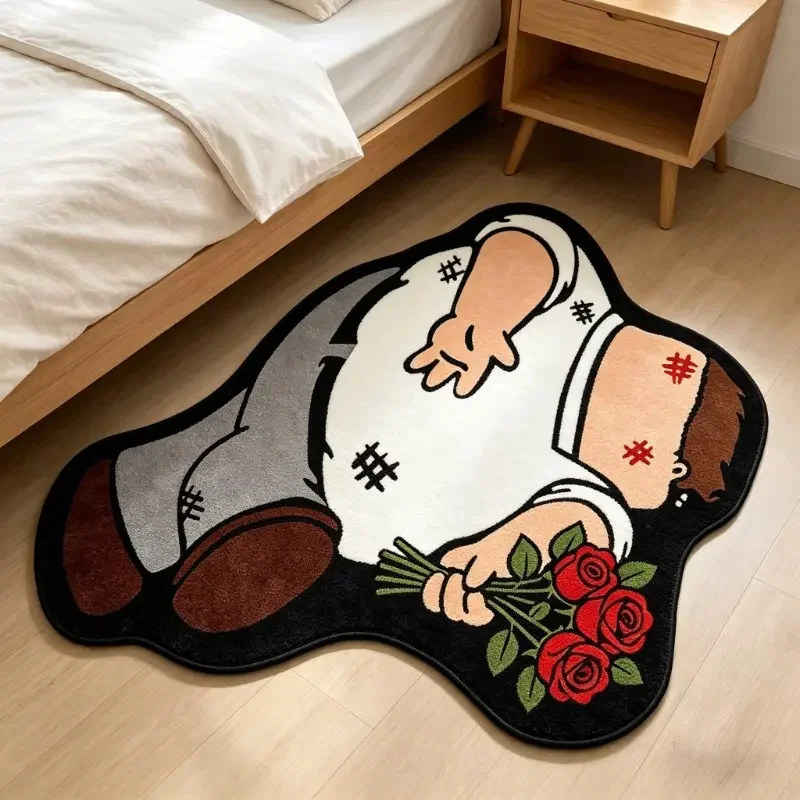 VIKAMA Retro Cartoon Injured Man Holding Red Rose Irregular Rug Non Slip Bedroom Bedside Floor Doormat Indoor Home Decor