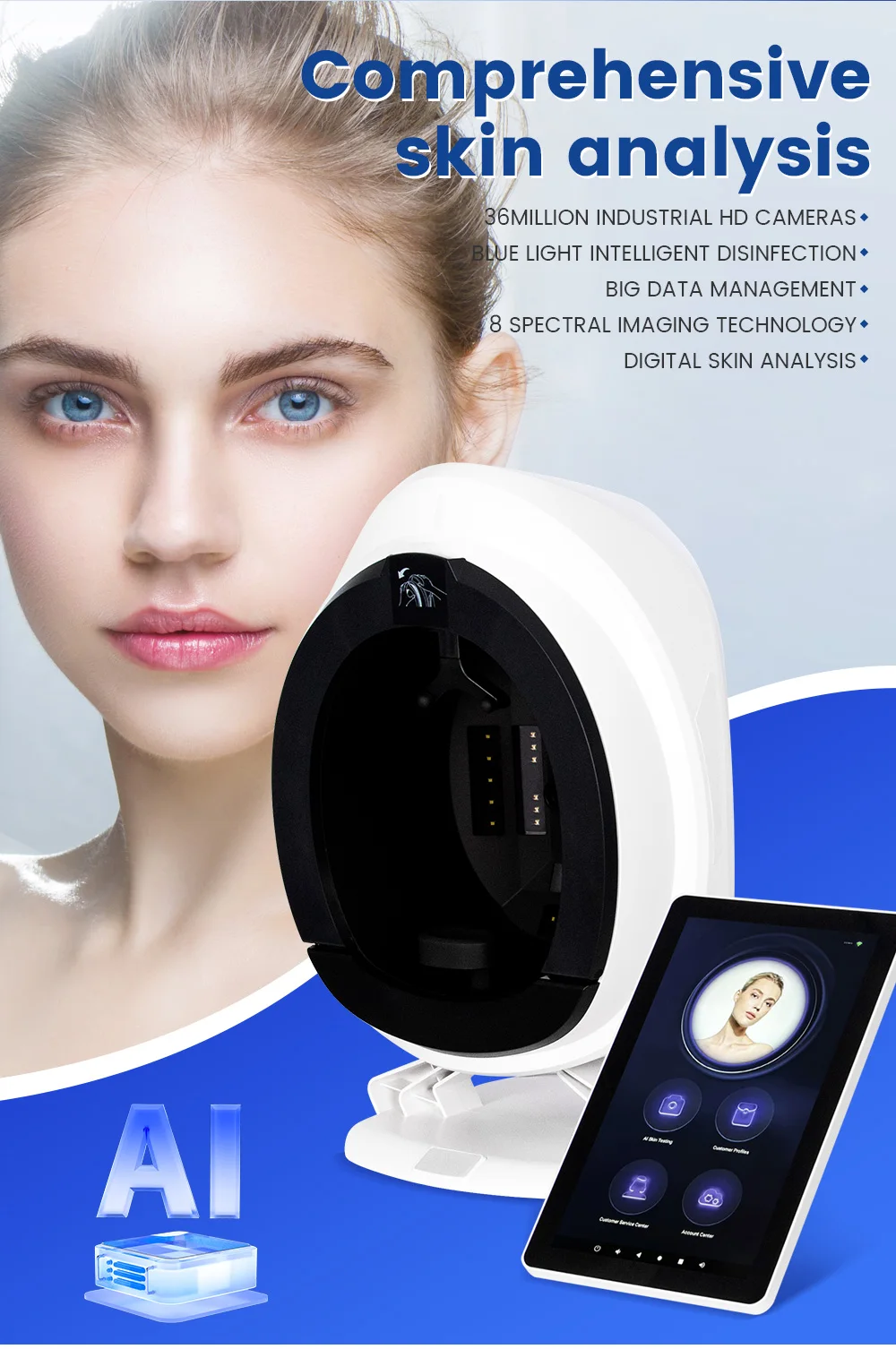 Professional AI Skin Analyzer 36MP HD Camera 8 Spectrum Facial Skin Detector 19 Indicators Quantitative Skin Diagnostic Machine
