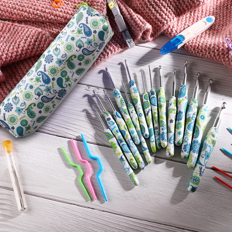 

QZLKNIT 14PCS Aluminum Crochet Hoooks Kit Cashew Flower Crochet Needles with Bag TPR Ergonomic Knitting Set Sewing Accessories