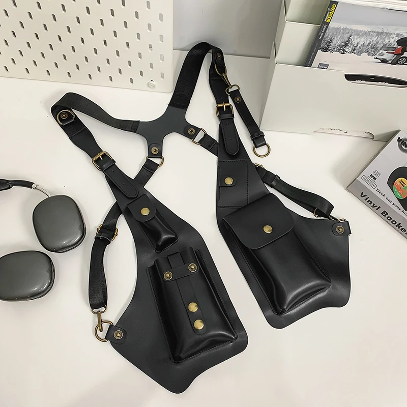 

2025 NEW Design Men's Tactical Vest Bag High Quality PU Leather Man Chest bag Phone Pouch Vintage Design Underarm Back Pack Bags