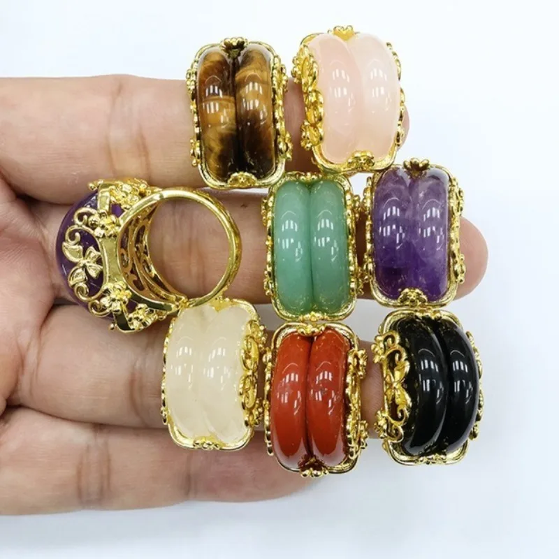 3pcs/lot Double Layer Inlaid Natural Stone Ring Vintage Ethnic Hollow Crown Open AdjustableFinger Rings Jewelry Fast Shipping