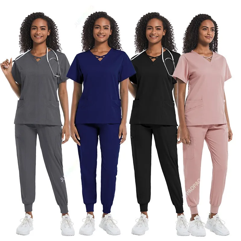 

Nursing Workwear Women Elastic Jogger Suit Wholesale Work Uniforms Women Short Sleeved V-Neck Sets Dental Hospital Scrubs Suits