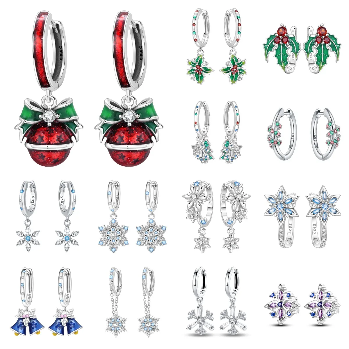 Original 925 Sterling Silver Christmas Dangle Earring Holly Snowflake Bell Drop Earring Jewelry Christmas Gift For Women Girl