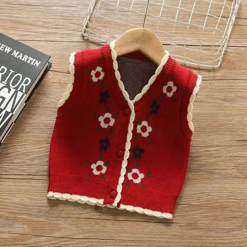 2026 Spring New Girls' V Neck Knit Vest Korean Style Toddler Outerwear Stylish Baby Cotton Cardigan