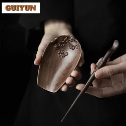 Hand Carved Plum Blossom Tea Scoop Creative Walnut Wood Art Tea Boxes Saucer Shovel Chahe Appreciation Ladle Teaware Decoration