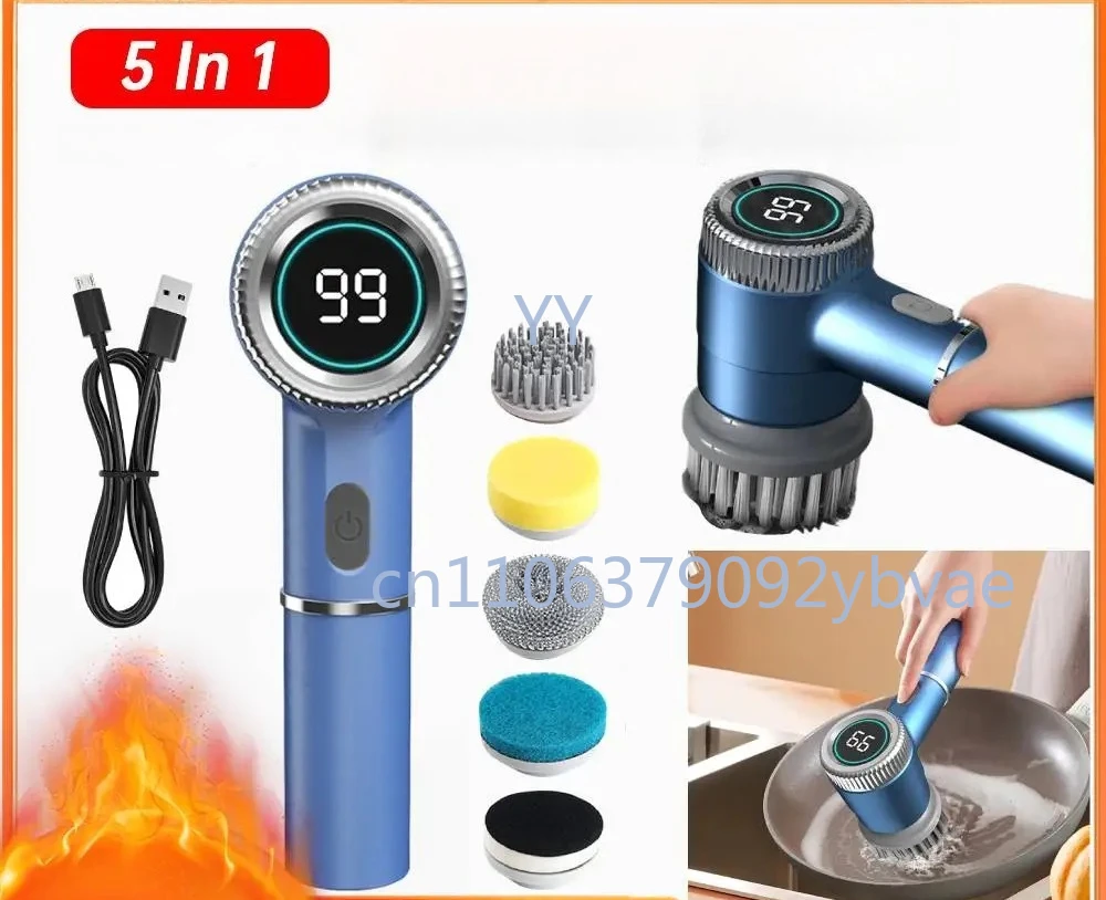 5 In 1 Kitchen Cleaning Brush USB Charging Portable Electric Scrubber with 5 Replaceable Brush Heads for Kitchen Bathroom