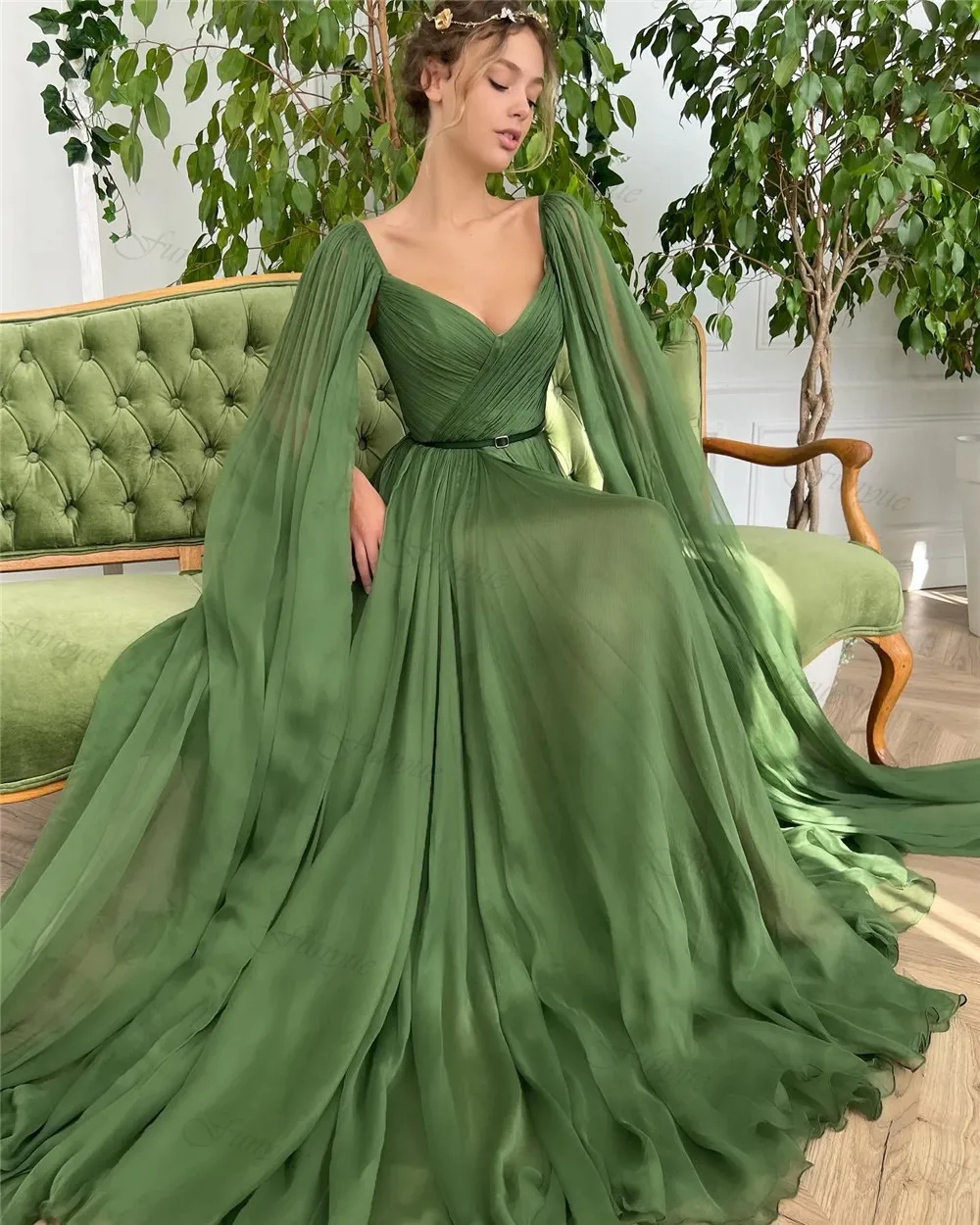 

Funyue Draped Olive Green Chiffon Evening Gowns for Women Elegant Party A-Line Sexy Leg Slit Prom Dresses Long to Floor Sleeve