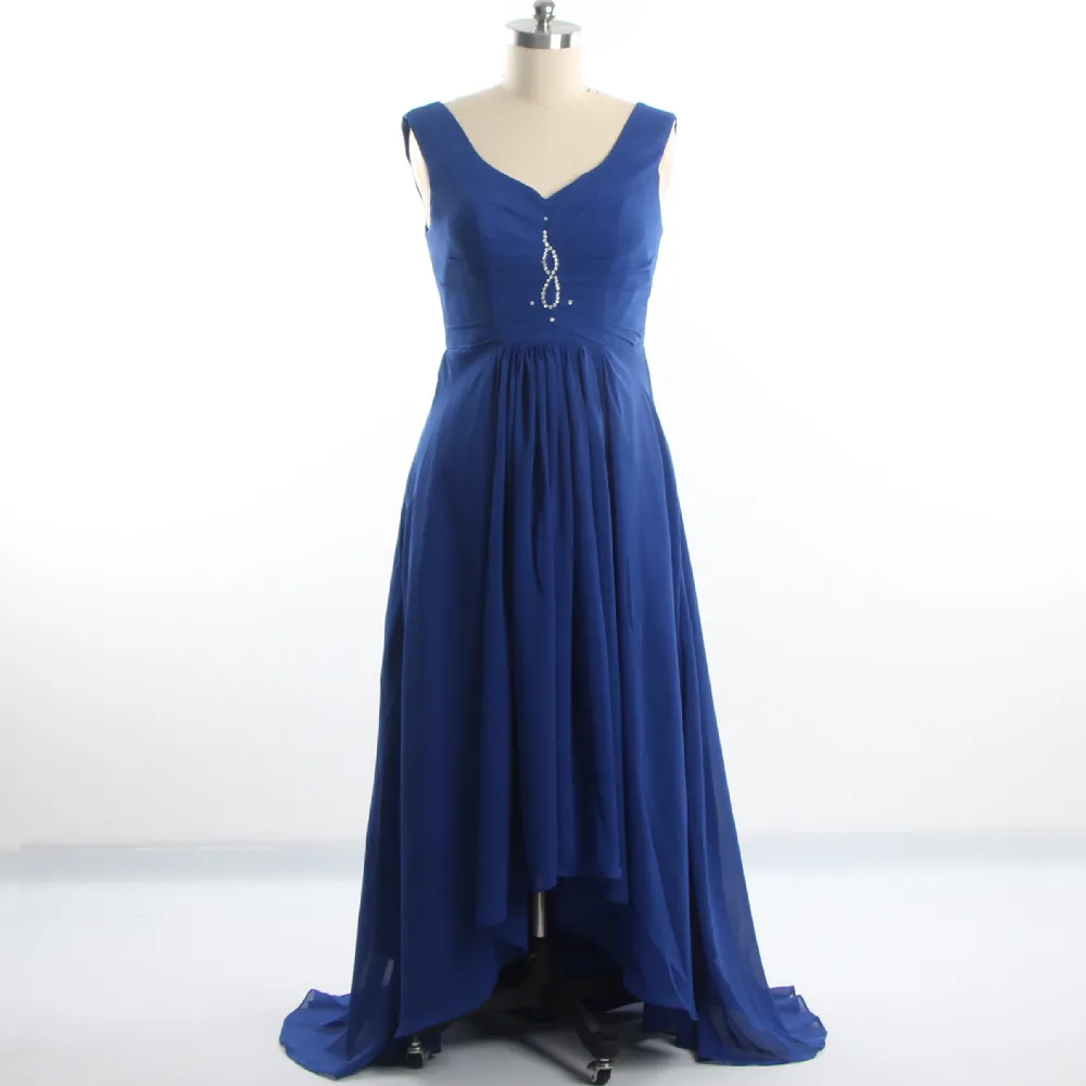 

Evening Dress Royal Blue Pleat V-neck Sleeves Beading Chiffon A-line Floor Length Zipper Back Plus size Women Party Dress D962