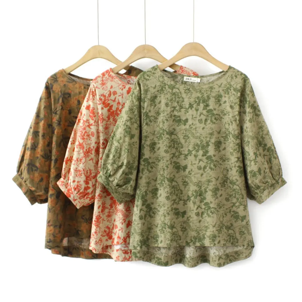 

Женская рубашка большого размера с цветочным принтом, хлопковая футболка с короткими рукавами, летний облегающий топ для мам 8198 200 Jin