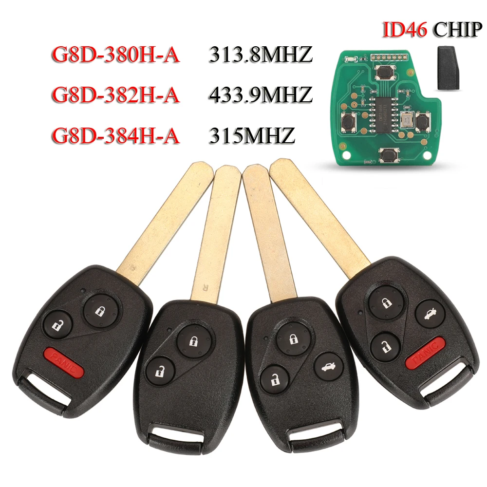 jingyuqin G8D-380H-A G8D-382H-A G8D-384H-A Remote Smart Car Key For Honda Accord CRV Odyssey Jazz 313.8/315/433.92Mhz ID46 Chip