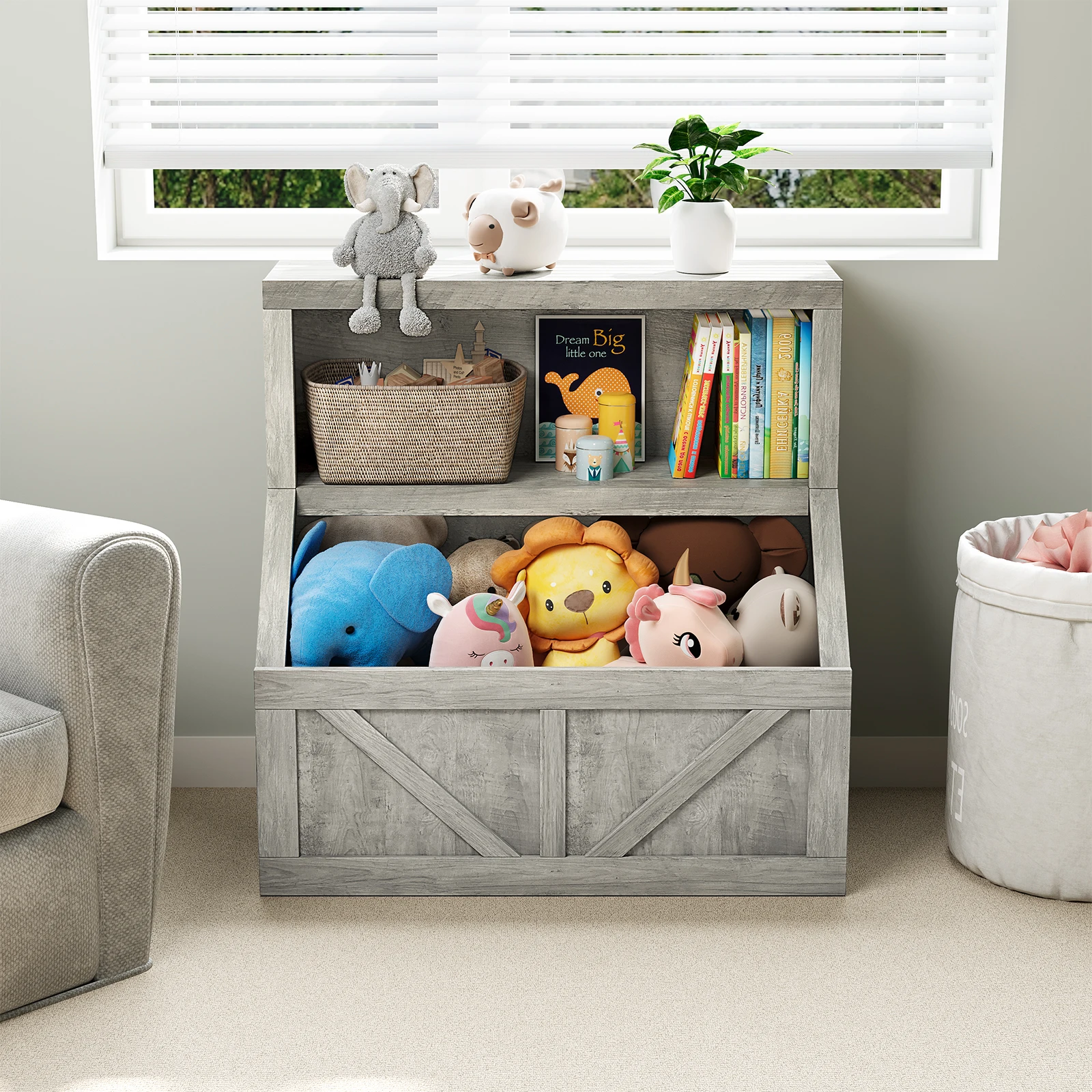 Kids Bookshelf and Toy Storage Organiser | ,Toy Storage Chest and Bookcase, Kids Toy Storage Cabinet with Open Book Shelf for Bedroom, Kids Room, Playroom, Nursery