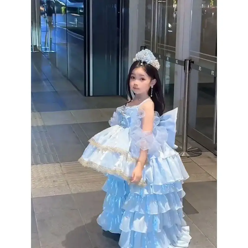 Summer Backless Lolita Ball Gown Dress Girls Kids Sets Princess Shiny Skirts Birthday Party Childrens Gauze Clothing Sundress