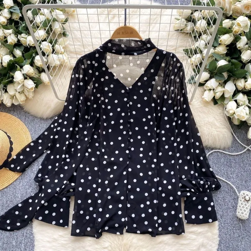 Koreanischen Stil Retro Polka Dot Laterne Hülse Hemd für Frauen Herbst Dünne Streamer Lose Beiläufige Taste Spleißen Pullover Top